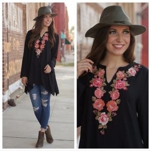 LAST ONE! Black Embroidered Tunic w/lattic detail